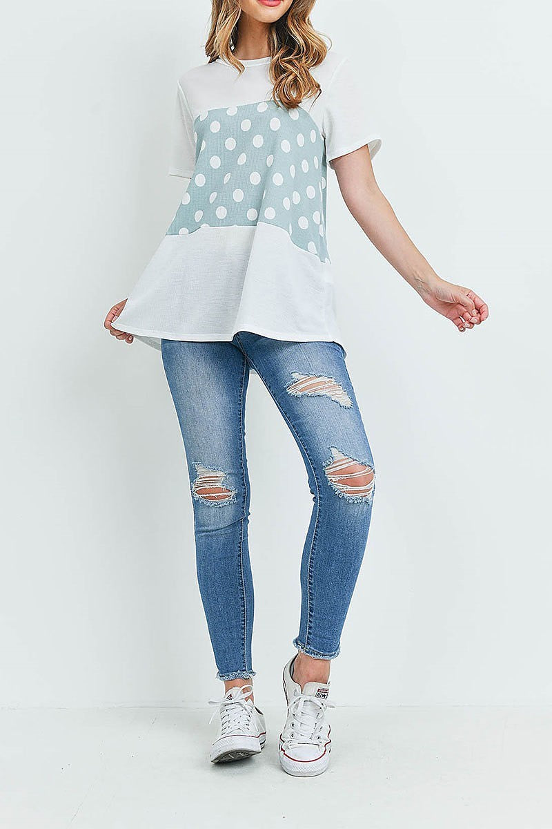 Polka dot contrast round neck top (ED9910)