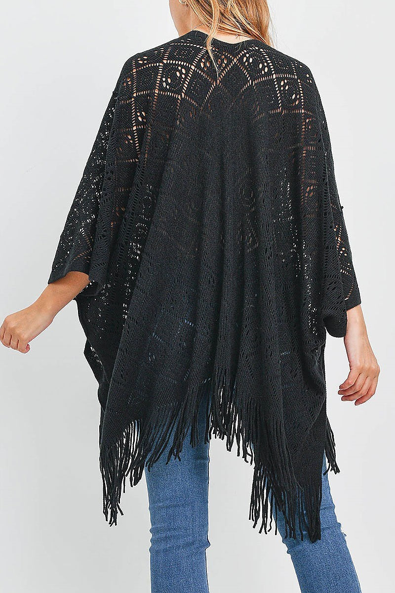 Crochet diamond pattern fringe ruana kimono (DGS5880)