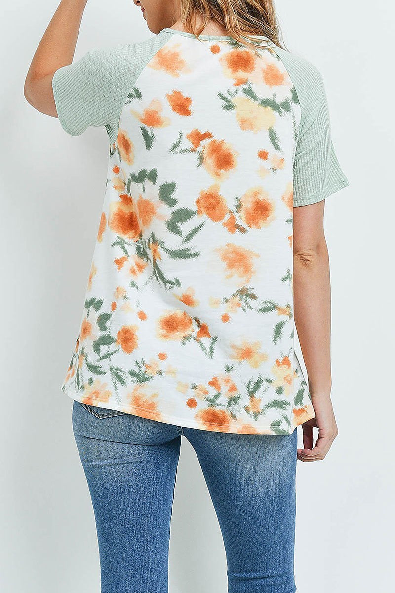 Waffle raglan floral pocket top (ED9153)