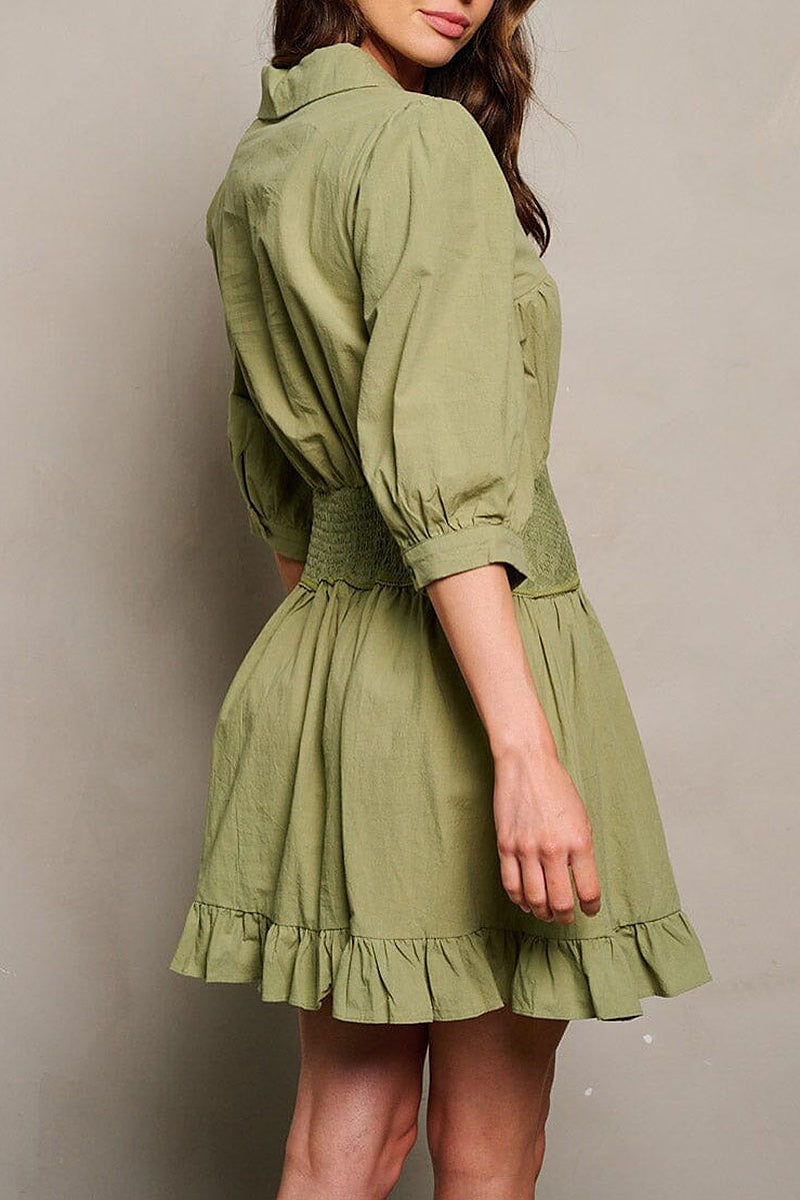 3/4 sleeve smock ruffle v-neck detailed mini dress (EGWT1822)