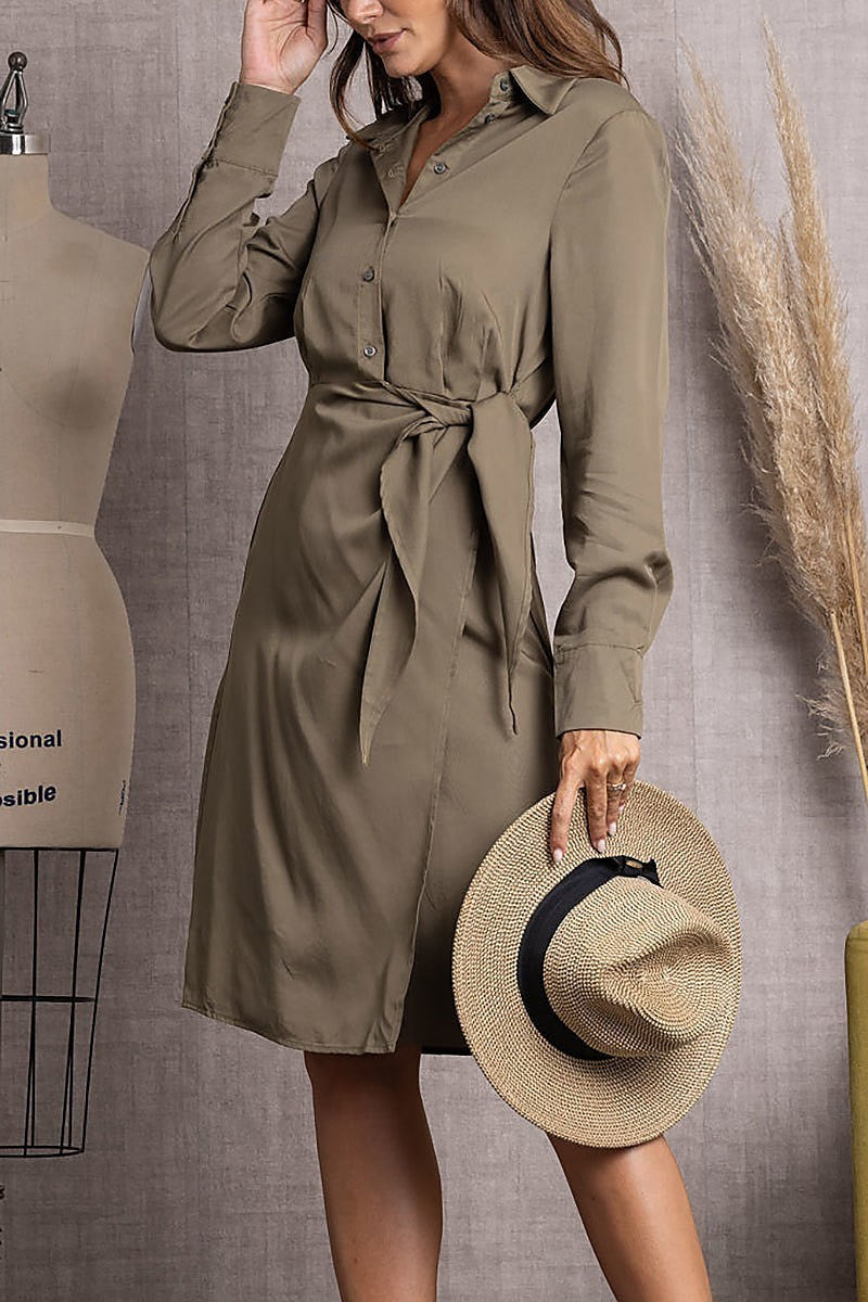 Long sleeve w/side front tie shirt midi dress (EDSW3492)