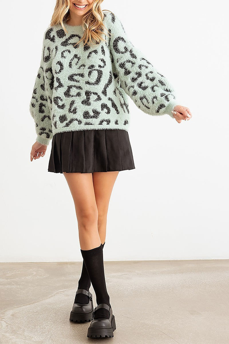 Animal print fuzzy knit long sleeve sweaeter (TED2251)