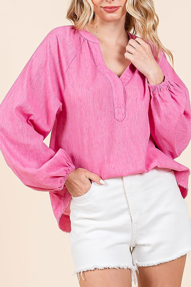 Solid long sleeve woven gauze v-neck blouse (EDH2224)