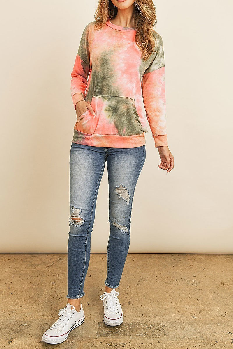 Fleeced french terry tie dye pullover with kangaroo pockets (ED8381-1-1)