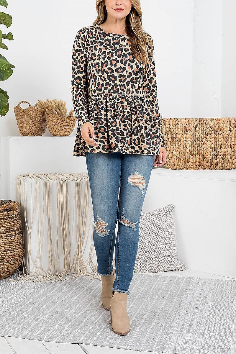 Leopard reverse cover stitched shirring hem top (EF2403-1)