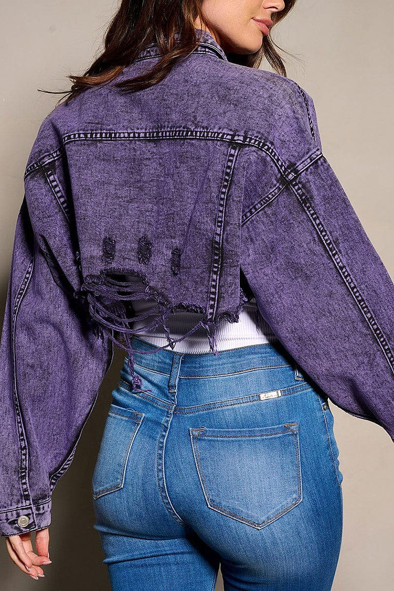 Button closure distress denim crop jacket (EGWT2713)