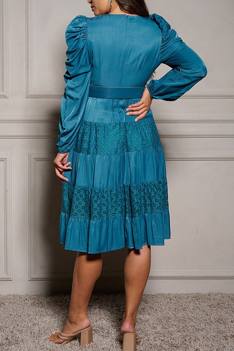 Long sleeve v-neck belted lace detailed midi dress (EGWT2344)