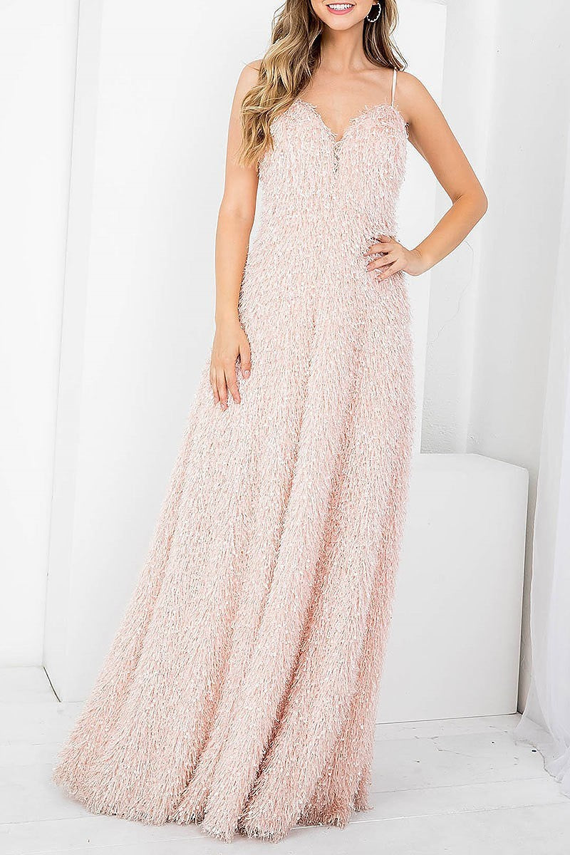 Sweetheart neck furry maxi dress (DED7484)