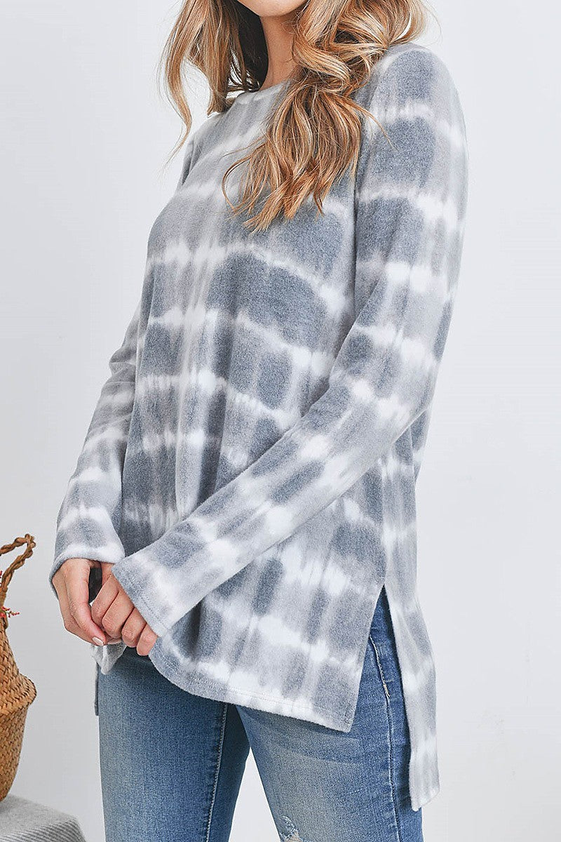 Long seeve tie dye hi lo slit hem tunic blouse top (EF2277)