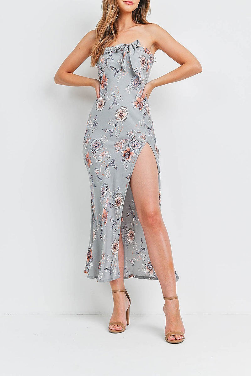 Bow detail floral print strapless maxi dress (DED6549)