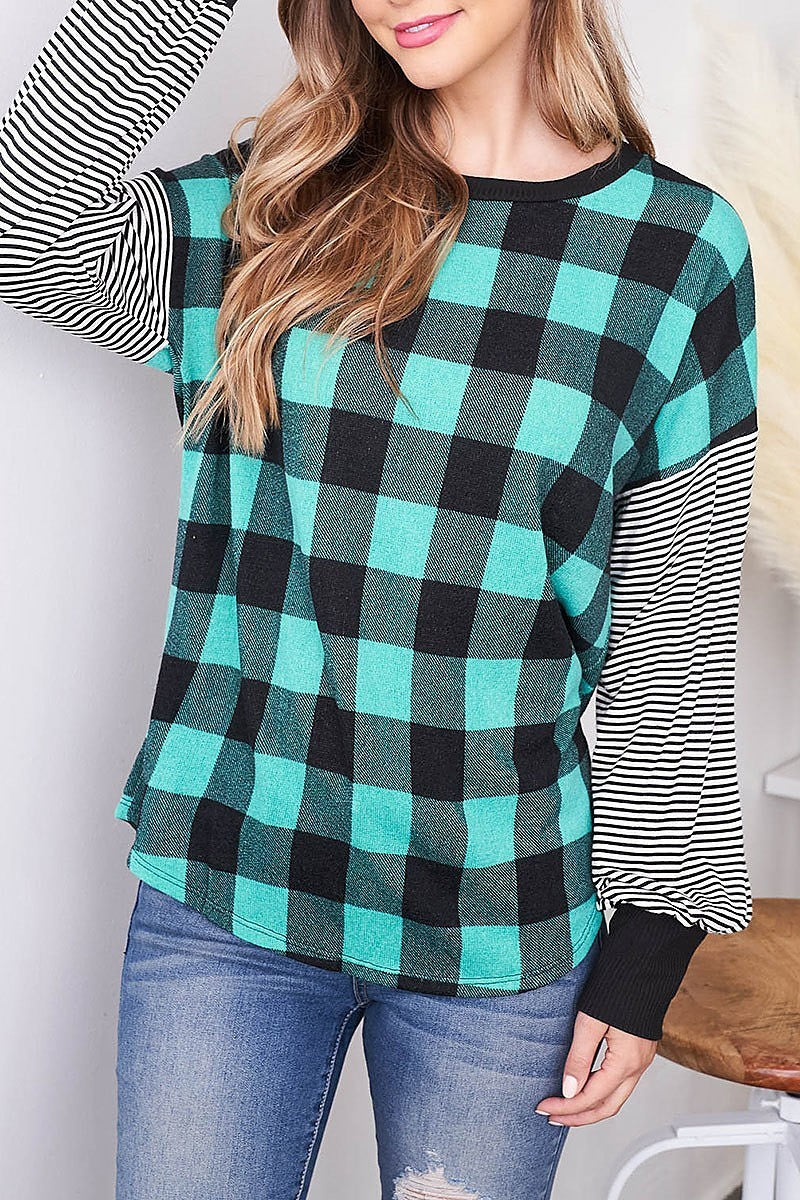 Stripe sleeve checker body color block top (EF2515)