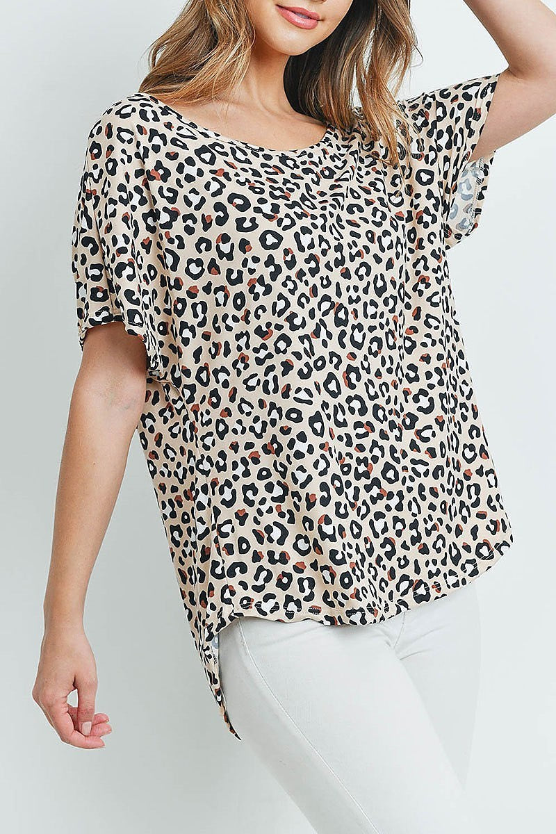 Round neck zipper neck detail animal print top (ED8629-2)