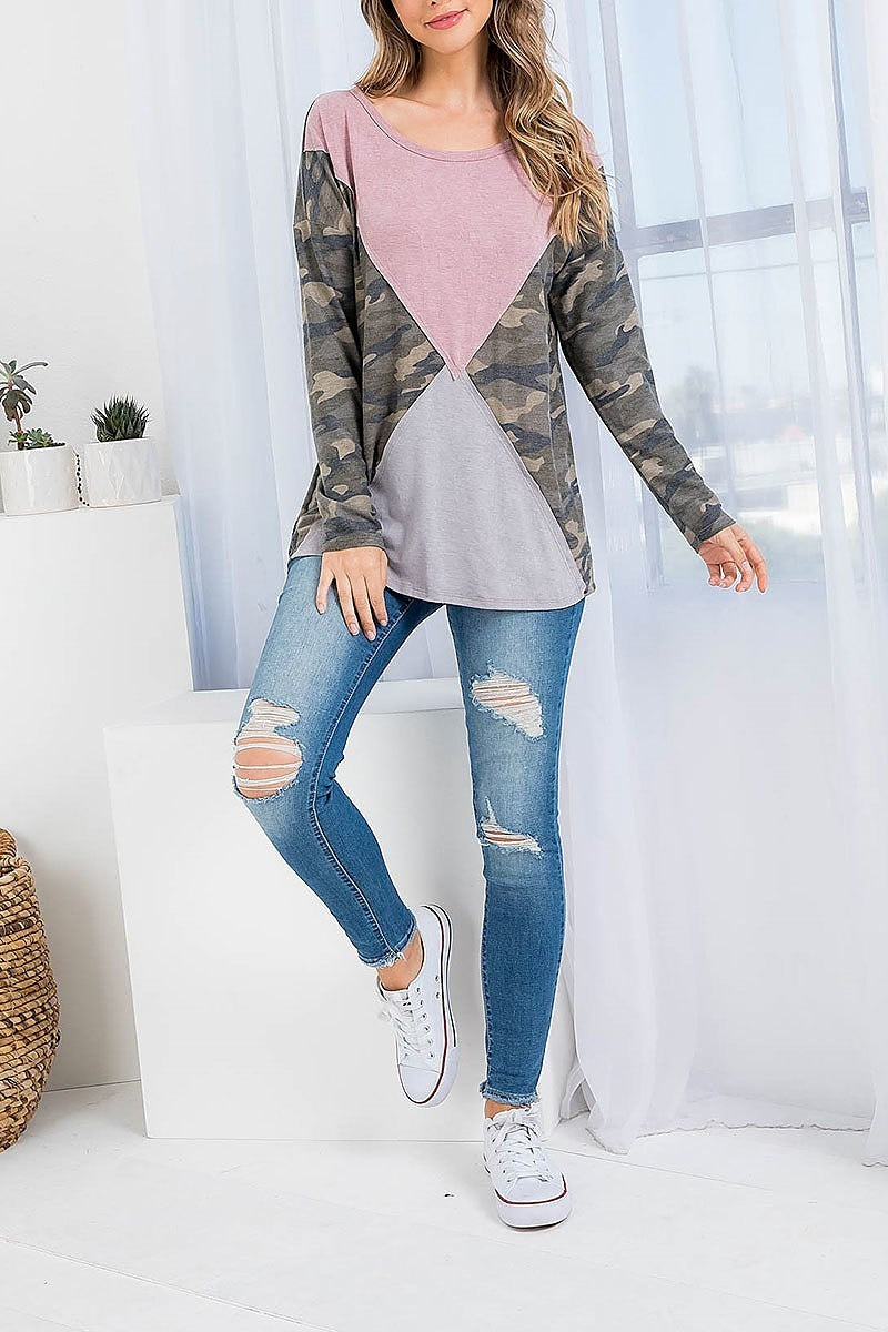 Camo print raw cut color block top (EF2438)