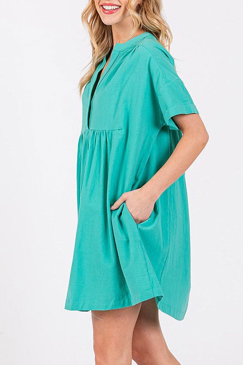 Short sleeve button up pockets tunic mini dress (EGWT1716)