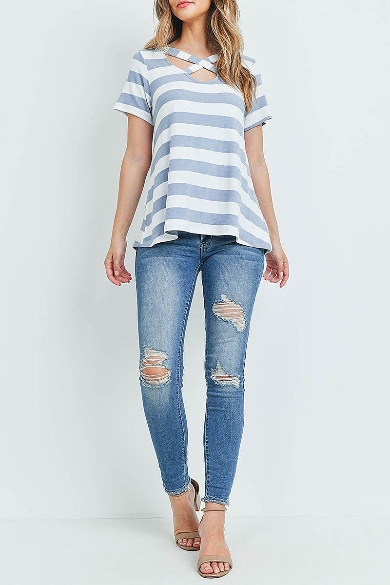 Crisscross neckline striped top (ED9155-2)