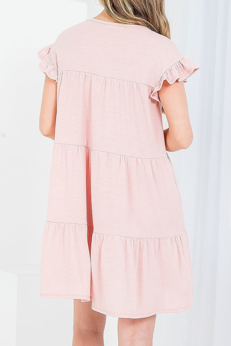 Ruffle short sleeve solid layered dress (DED7503)