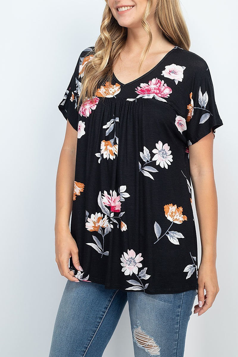 Short sleeve floral print pleated top (EF2162)