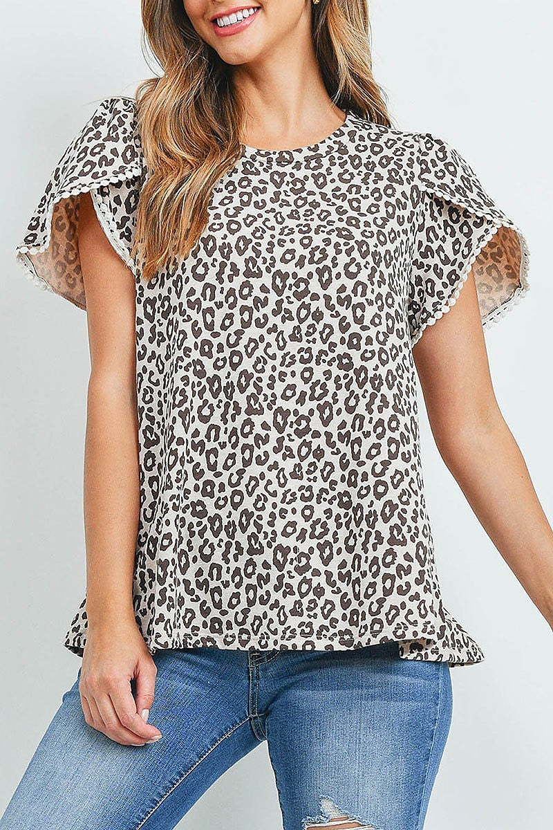 Pompom detail tulip sleeves leopard top (EF1004)