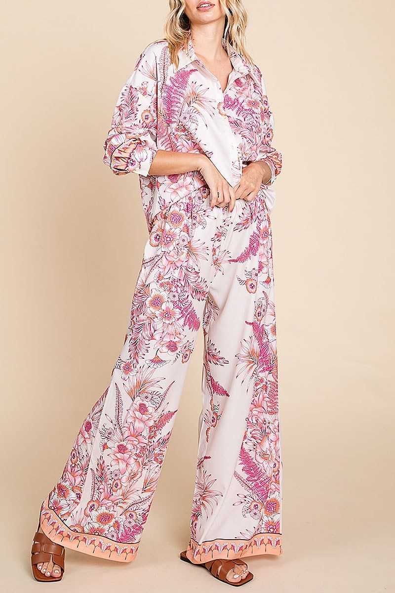 Floral button down shirt and wide leg pants set (EDH1541)