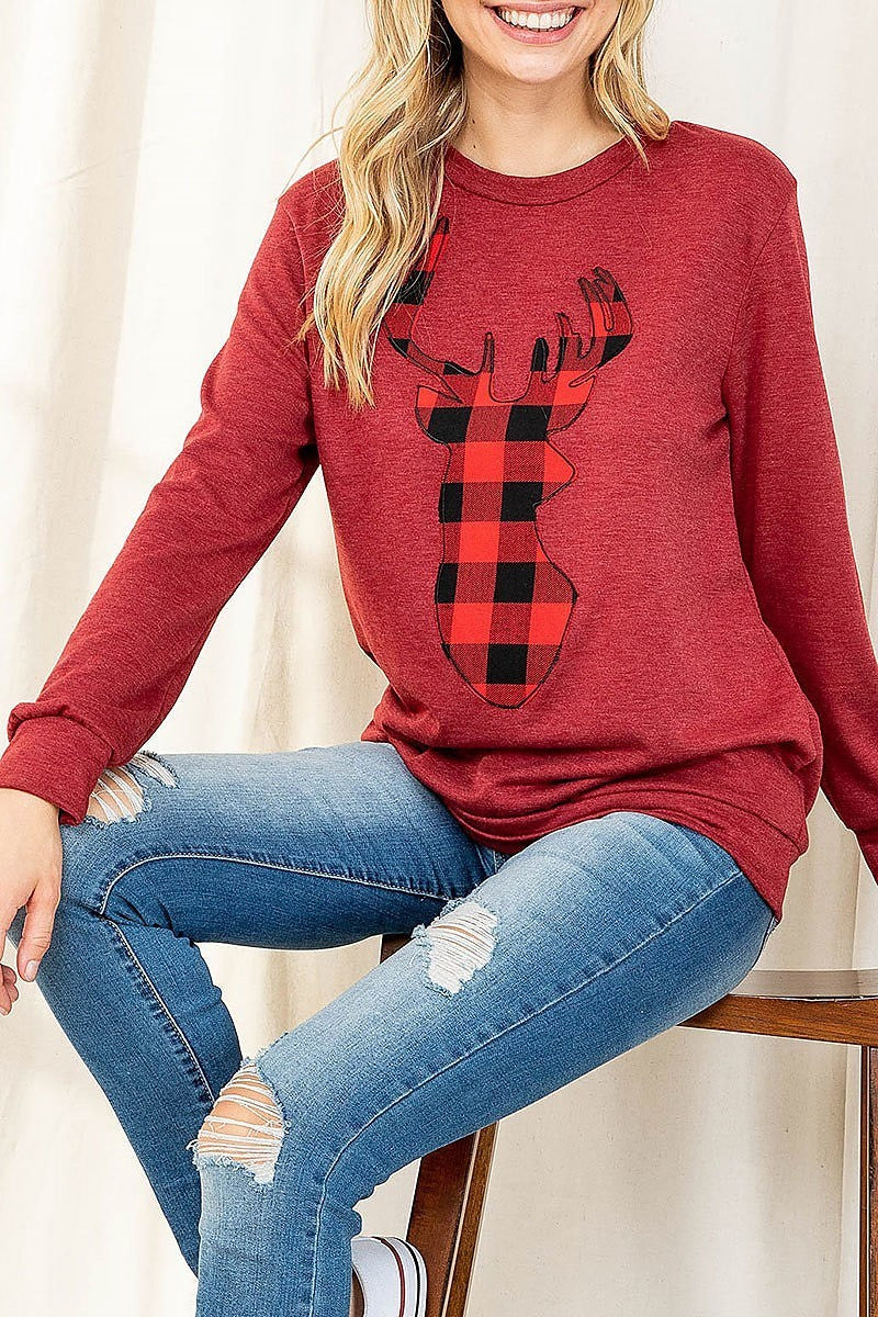 French terry long sleeve plaid reindeer print top (EF2506)