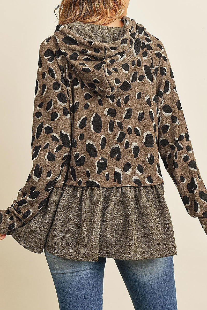 Leopard solid cinch ruffle hem hoodie with self tie (ED8321)