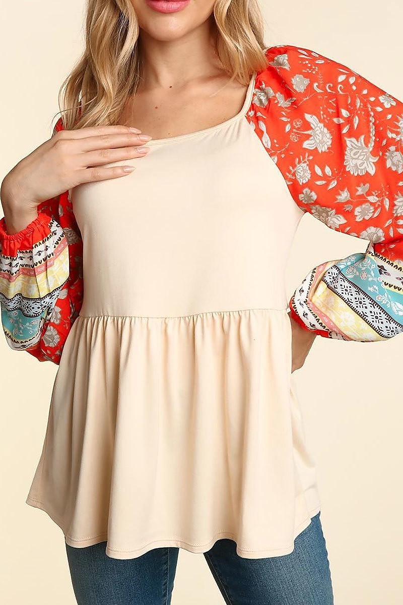 Boho floral woven babydoll solid knit top (ETBM4423)