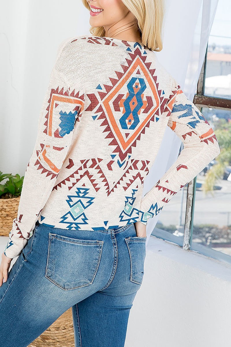 Aztec print v neckline long sleeve knitted top (EF3672)