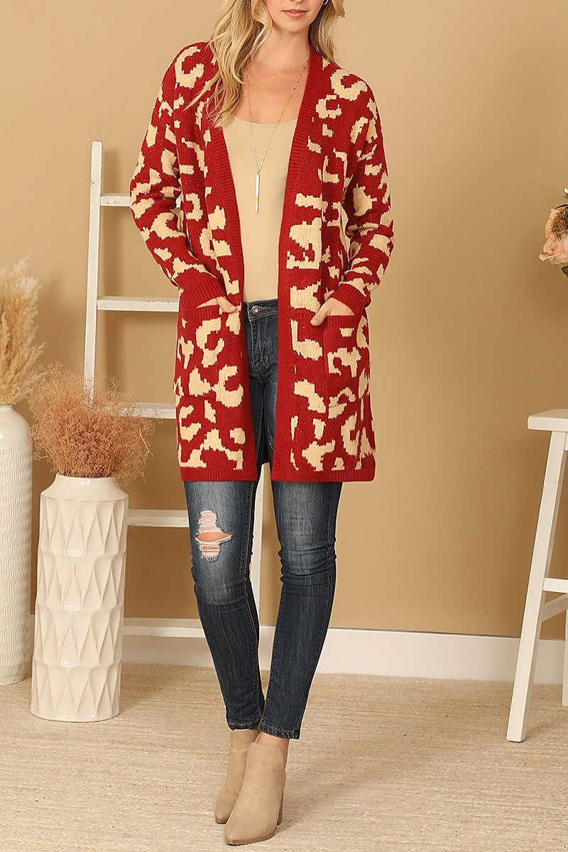 Knitted front pocket printed open cardigan (DGS6696)