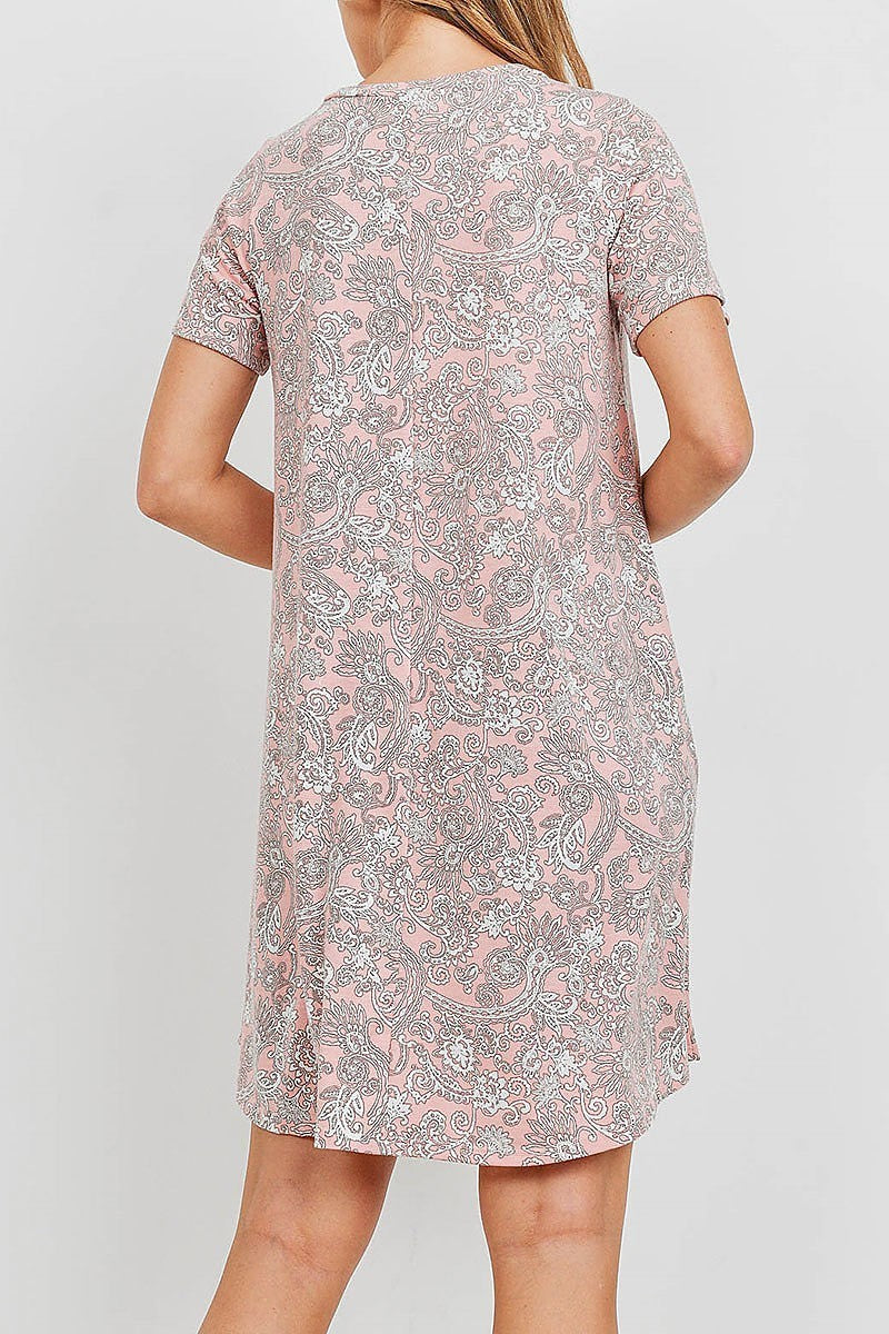 Short sleeves paisley round hem pocket dress (DED6353)