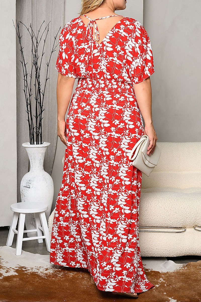 Short sleeve v neck floral maxi dress (EDWT7377)