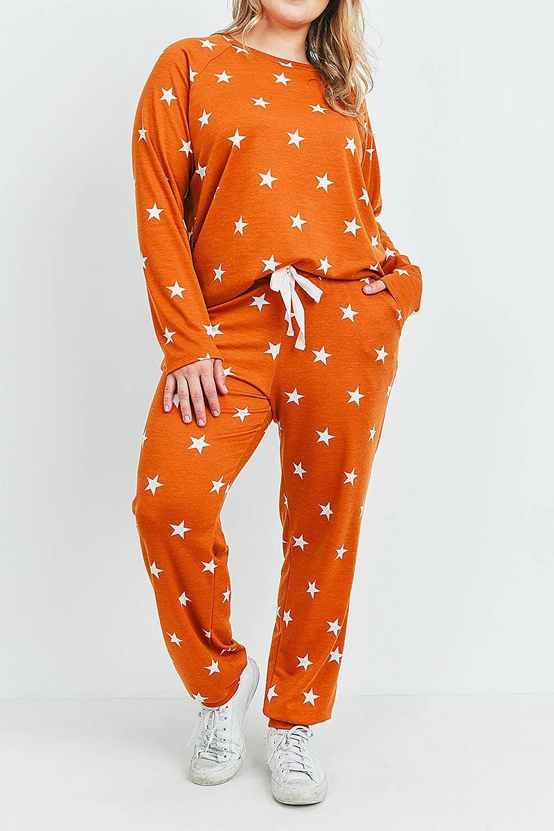 Plus size star print top and joggers set with self tie (XDG7033)