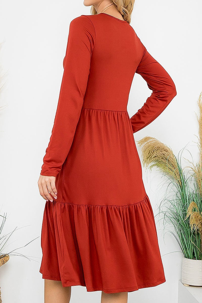 Solid long sleeve tiered pocket flare dress (DED8853)