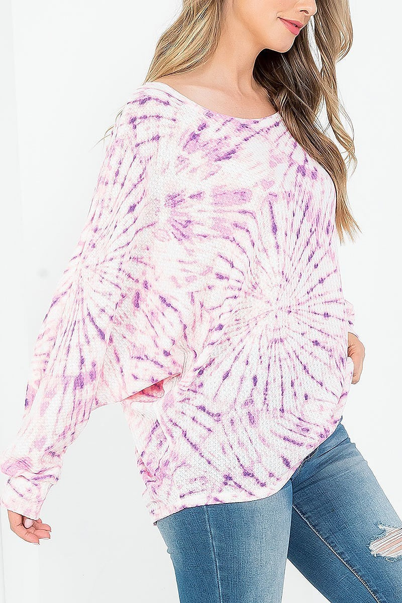 Tie dye off shoulder boat neckline cuffed long sleeve top (EF3643)