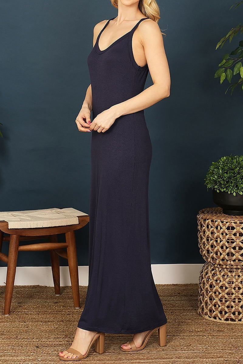 V-neck spaghetti strap solid maxi dress (DED9249)