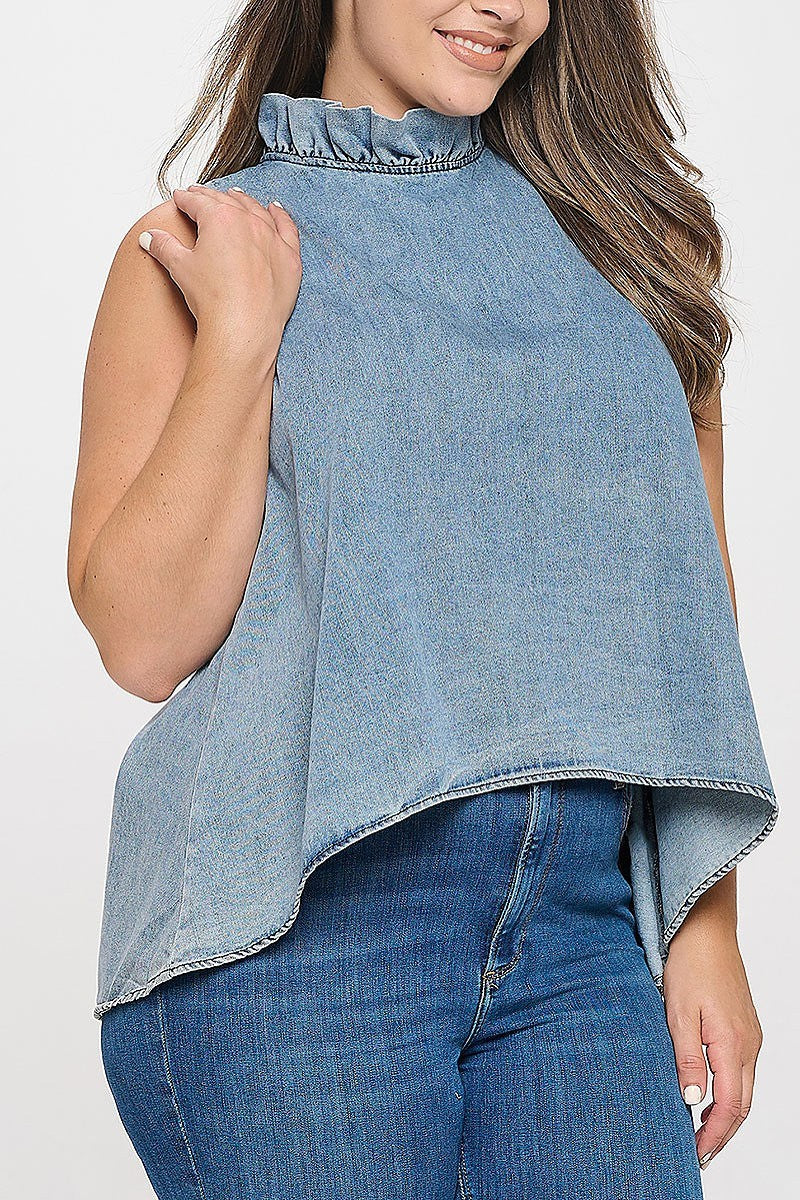 Plus size sleeveless ruffle neck denim top (XDG8260)