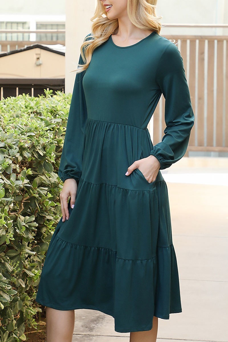 Solid long sleeve elastic waist tiered dress (DED8893-1)