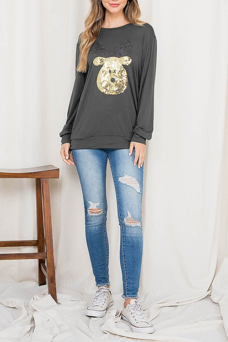 Sequin moose print long sleeve top (EF2700)