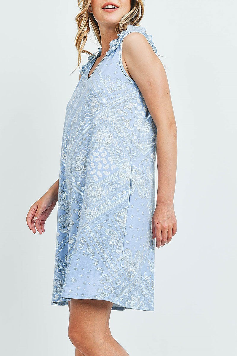 Sleeveless shoulder ruffle detail paisley pocket dress (DED6582)