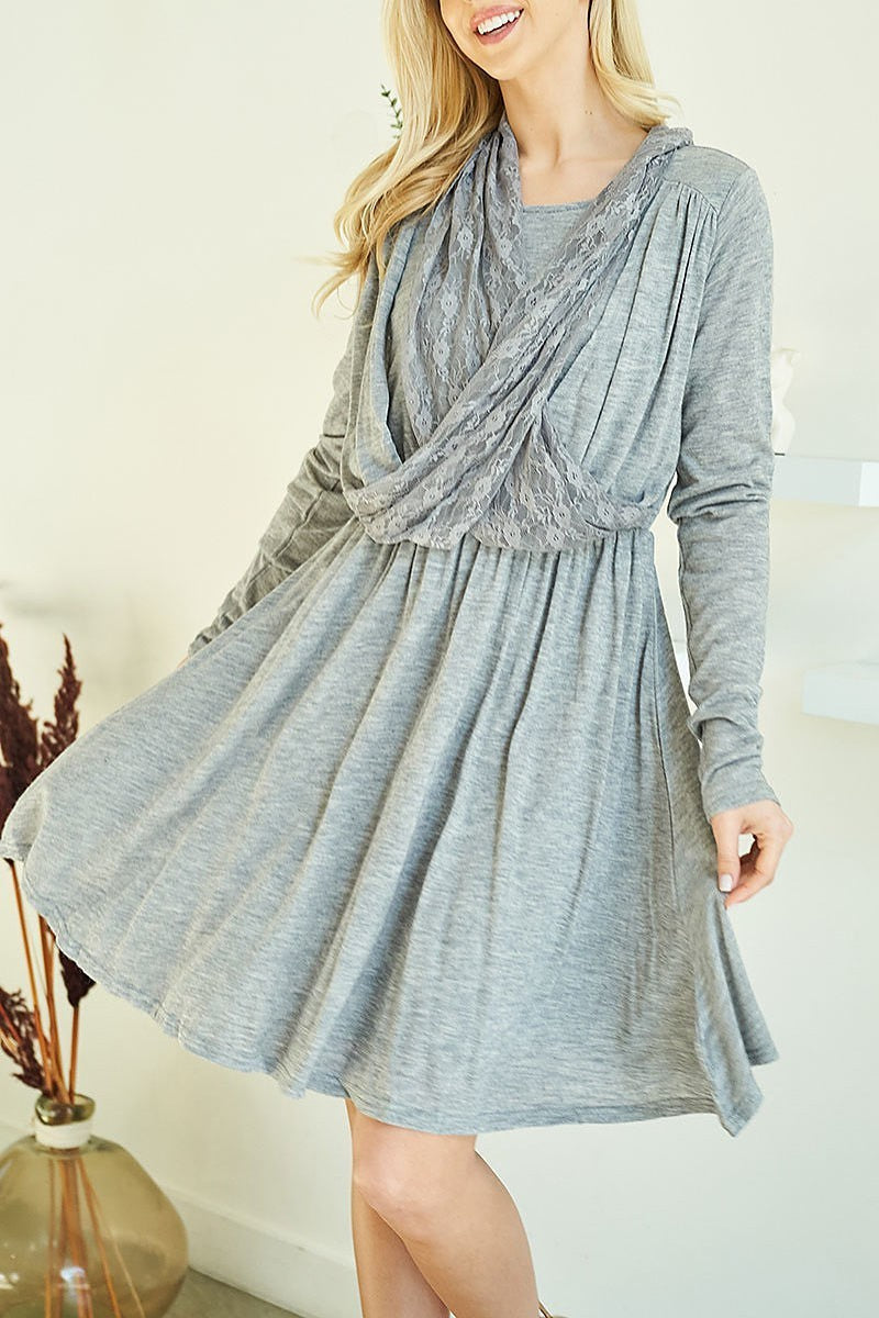 Drape lace front long sleeve ruffled dress (DED7262)