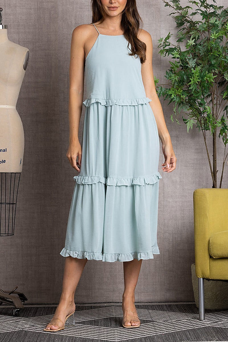 Crinkled halter neck ruffled midi dress (EDSW3287)