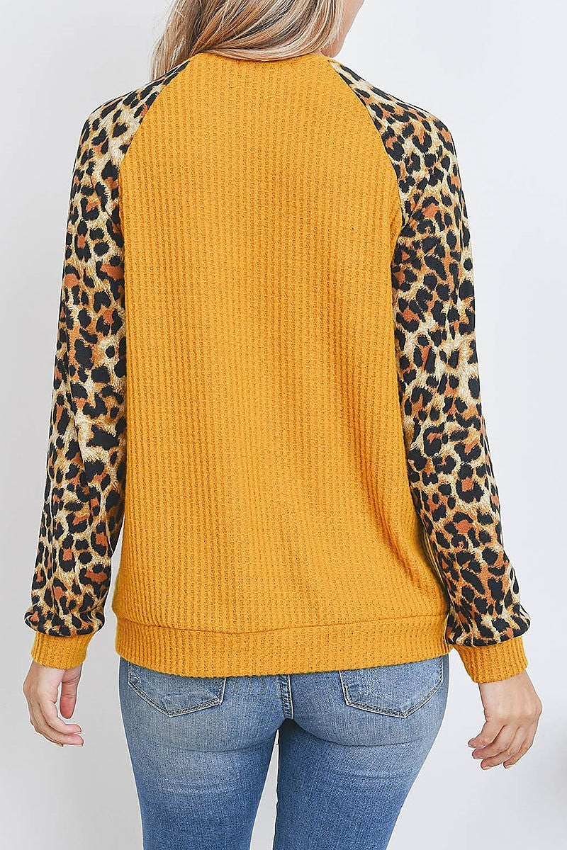 Leopard raglan sleeve knit waffle top (EF2695)