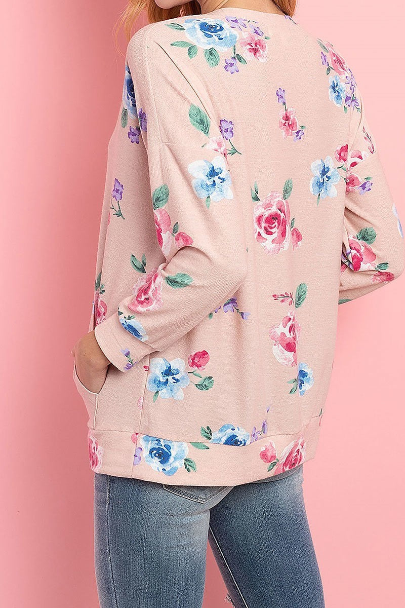 Floral long sleeves pullover with kangaroo pocket (ED8486)