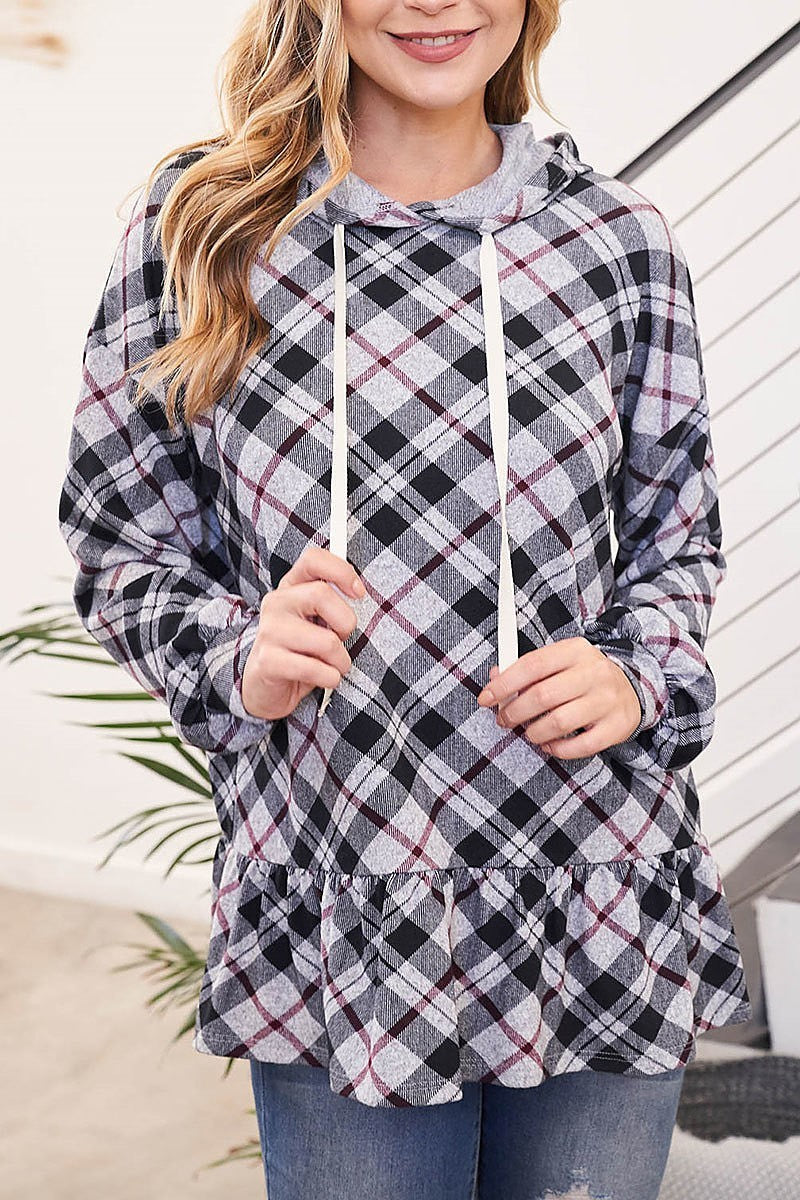 Plaid puff sleeve ruffle hem self tie hoodie (EF2474)