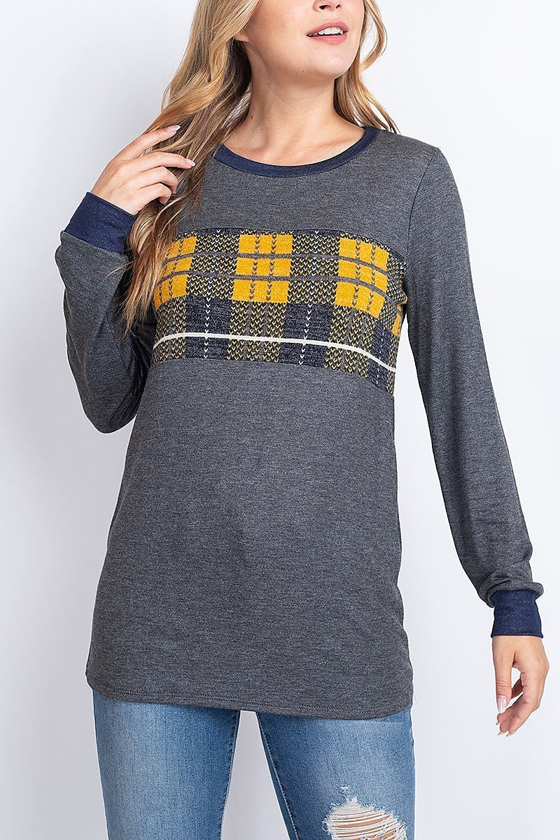 Plaid contrast color block round neck top (EF1930)