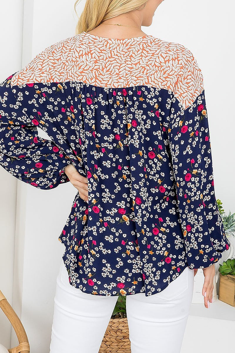 Floral mix print lace trim v neck top (EF4220)