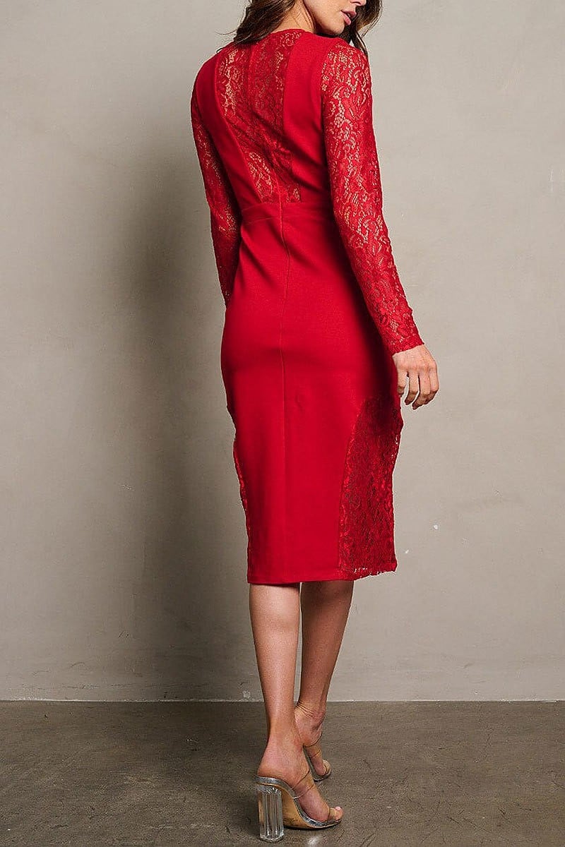 Long sleeve mesh lace detailed bodycon midi dress (EGWT1958)