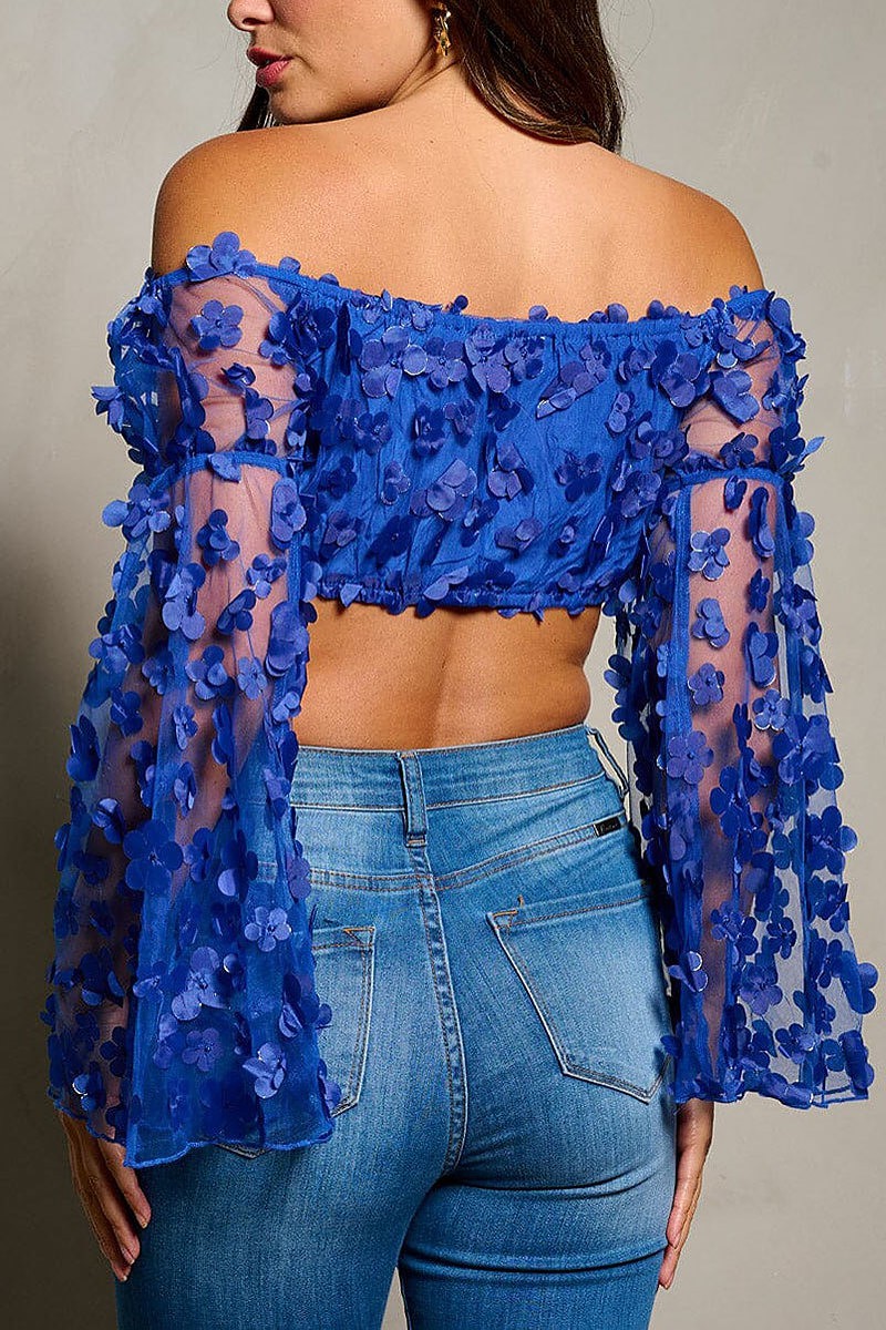 Bell sleeve off shoulder flowers detailed crop top (EFWT9949)