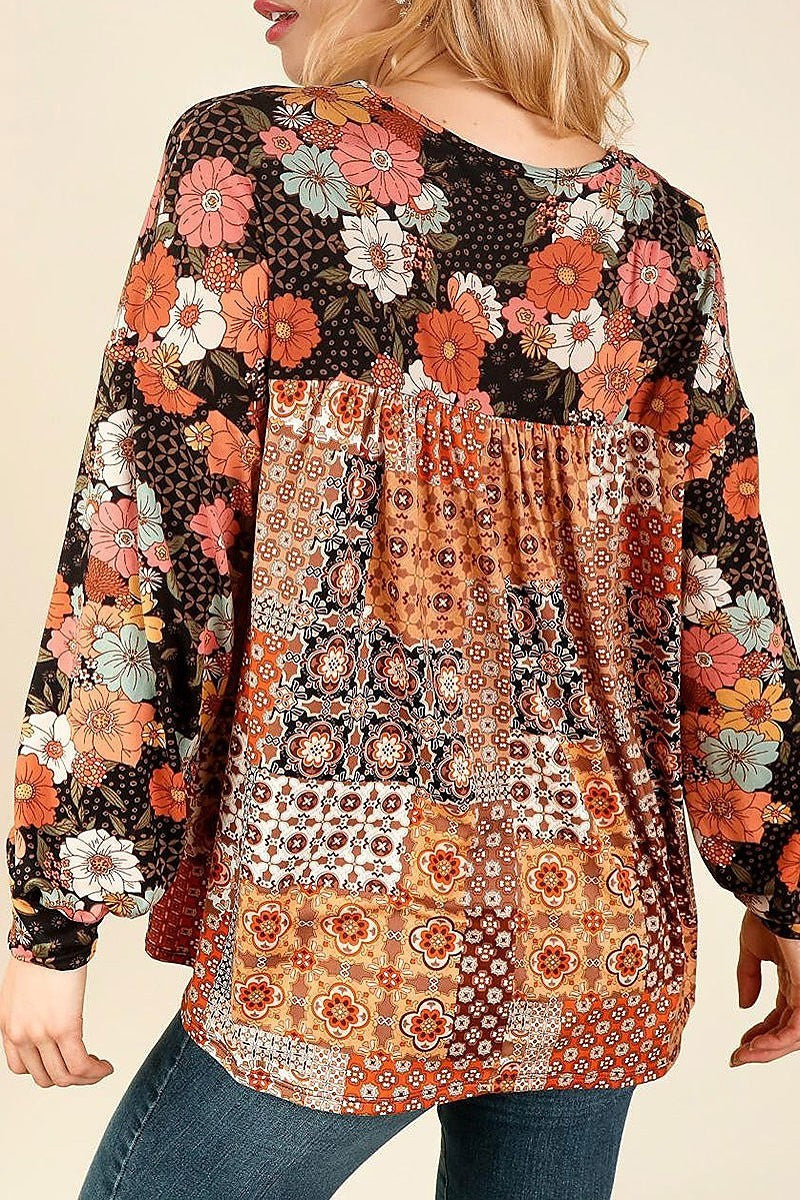 Floral color block peasant long sleeve top (ETBM4026)