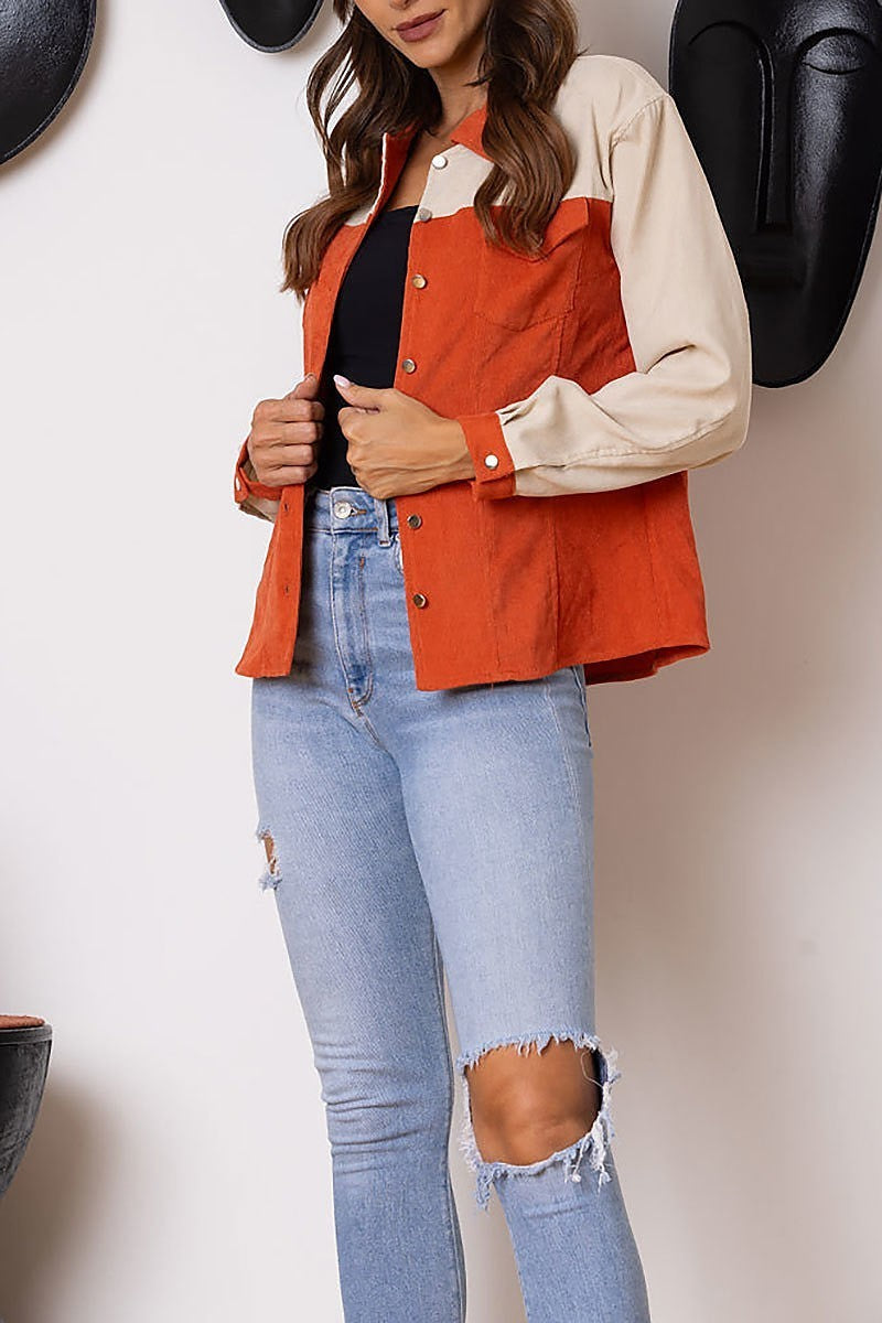 Color block corduroy long sleeves jacket (EDSW3662)