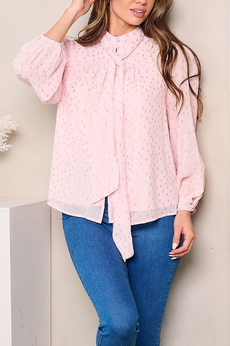 Long sleeve neck tie shimmer detailed blouse top (EFWT3793)